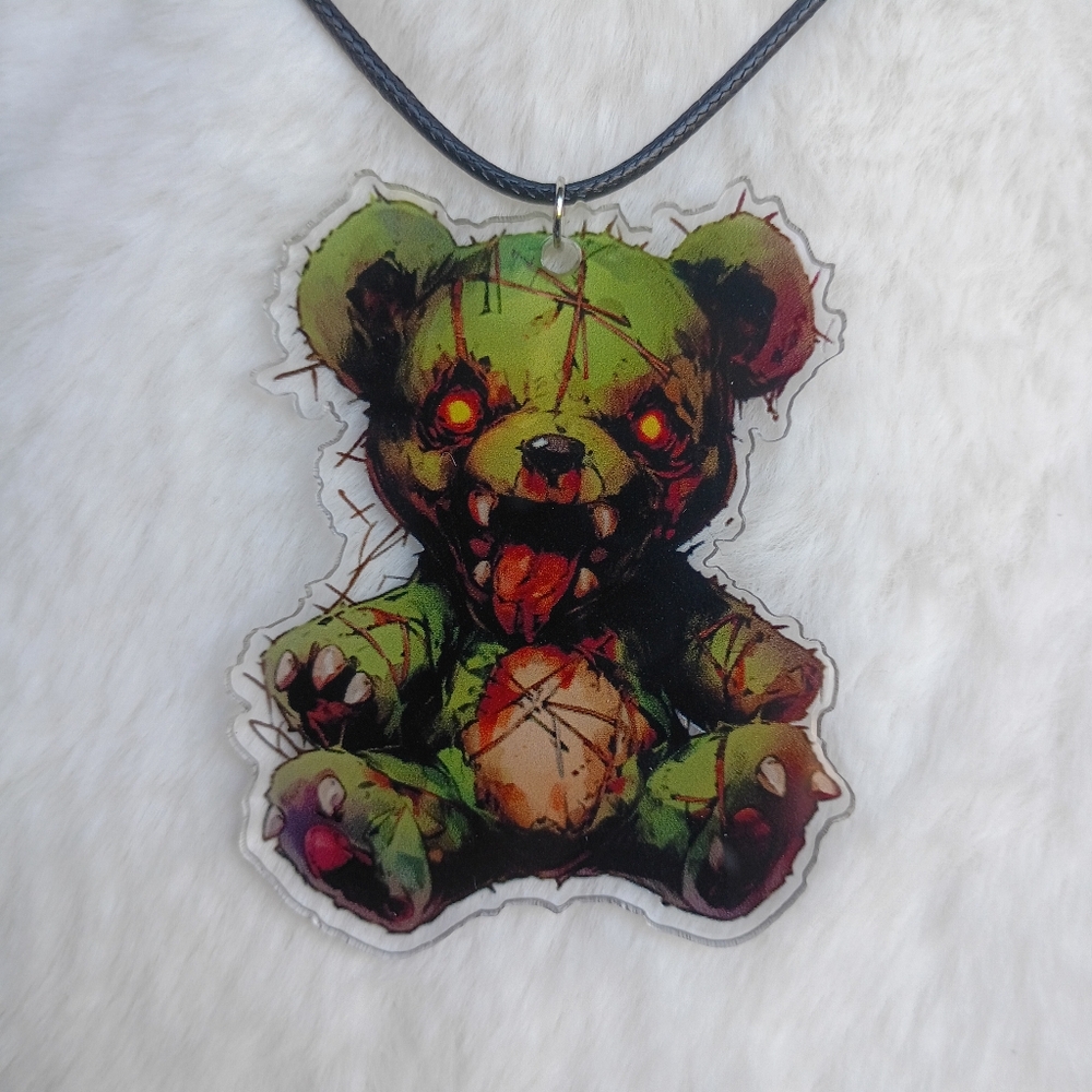 2/$10 Handmade Green Zombie Dead Teddy Bear Pendant Necklace
